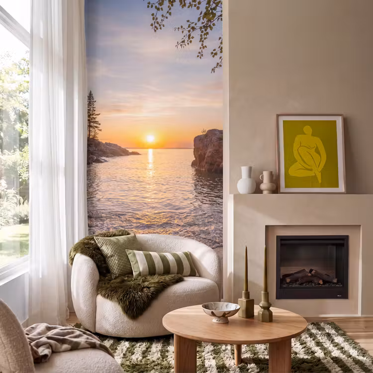 Zonsondergang - Kust - Water - Natuur - Oranje Behang Vlies klein -sfeer2