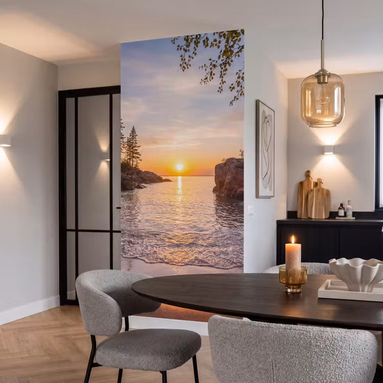 Zonsondergang - Kust - Water - Natuur - Oranje Behang Vlies klein -sfeer3