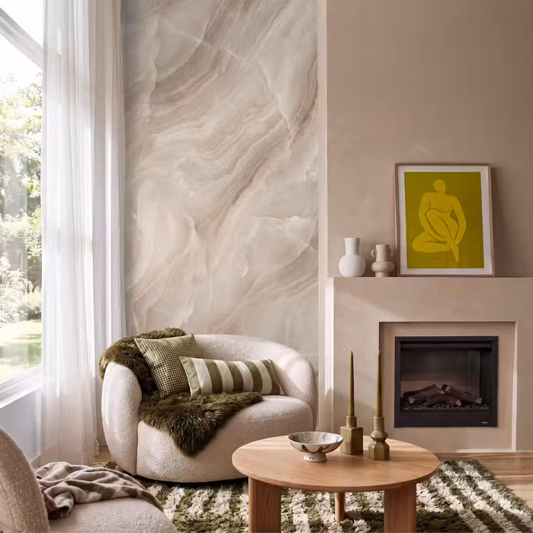 Steen - Golvend - Abstract - Beige Behang Vlies klein -sfeer2