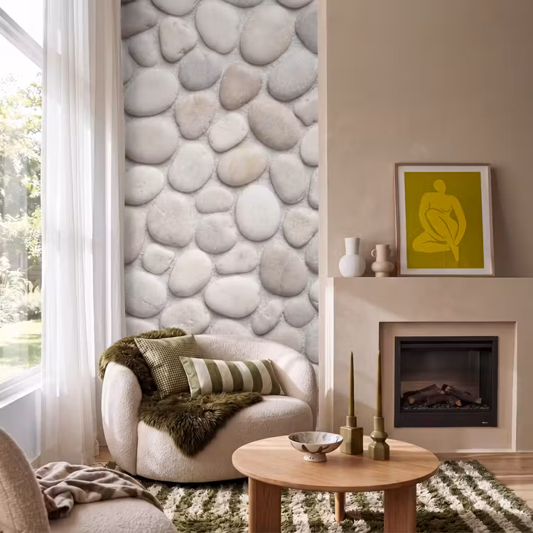 Steen - Kiezel - Natuur - Minimalistisch - Beige Behang Vlies klein -sfeer2