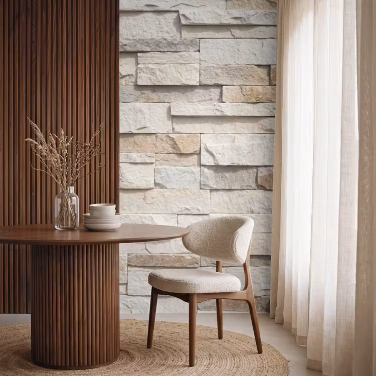 Steen - Muur - Textuur - Rustiek - Beige Behang Vlies klein -sfeer1