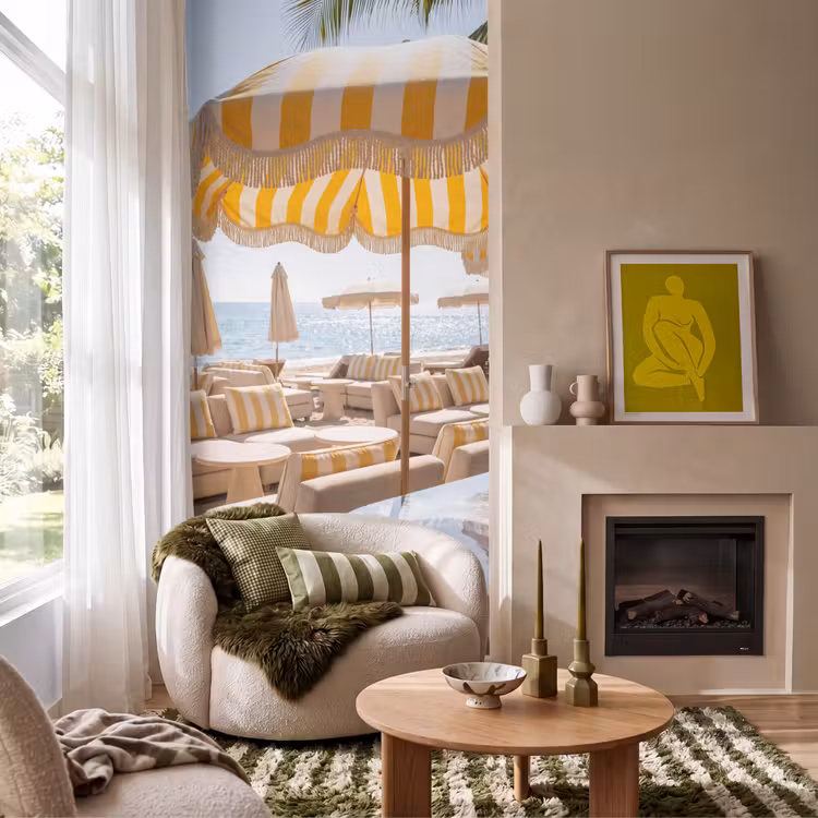Strand - Ligbedden - Vakantie - Modern - Geel Behang Vlies klein -sfeer2