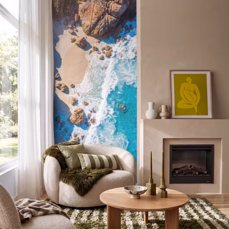 Strand - Zee - Rotsen - Natuur - Blauw Behang Vlies klein -sfeer2