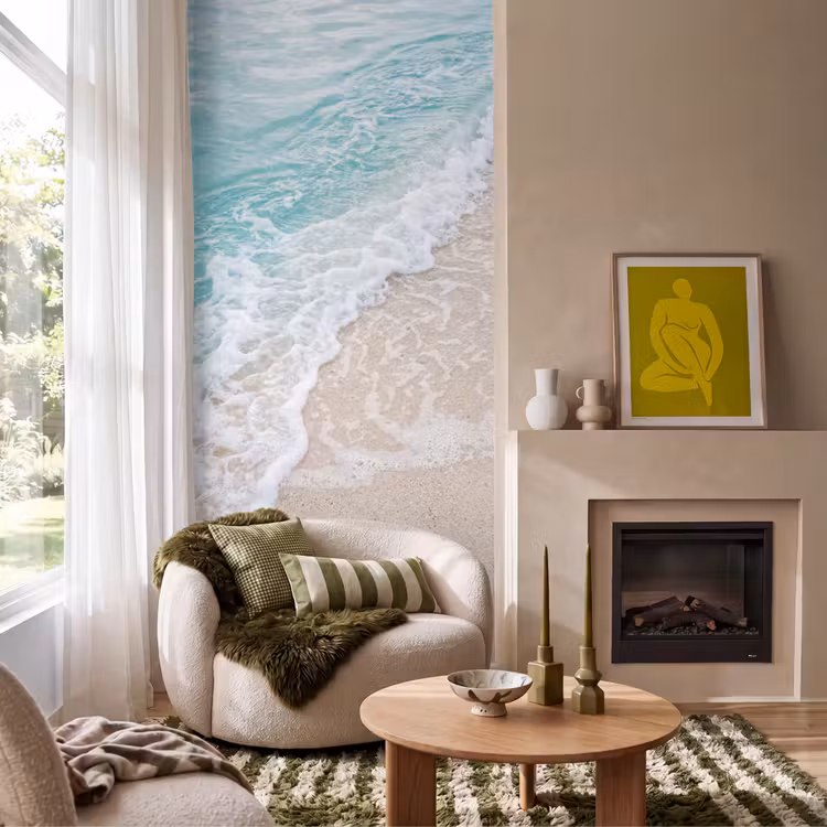 Strand - Zee - Golf - Natuur - Blauw Behang Vlies klein -sfeer2