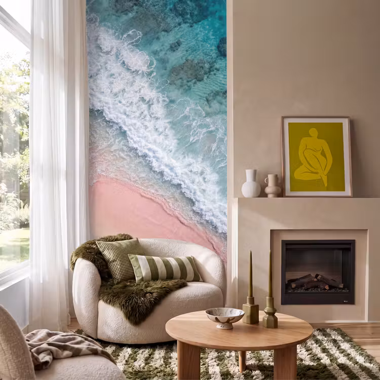 Strand - Oceaan - Golven - Roze Zand - Natuur Behang Vlies klein -sfeer2