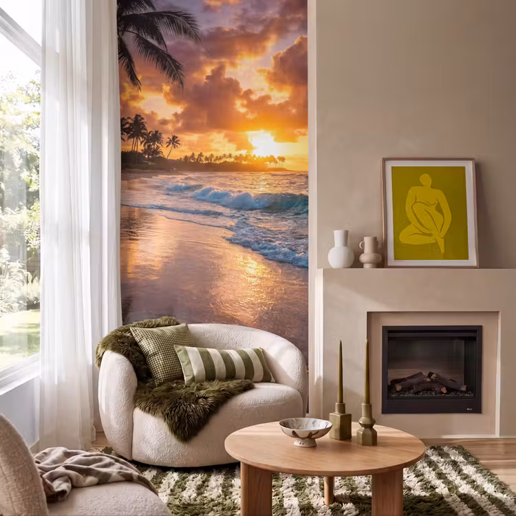 Strand - Zonsopgang - Tropisch - Natuur - Oranje Behang Vlies klein -sfeer2