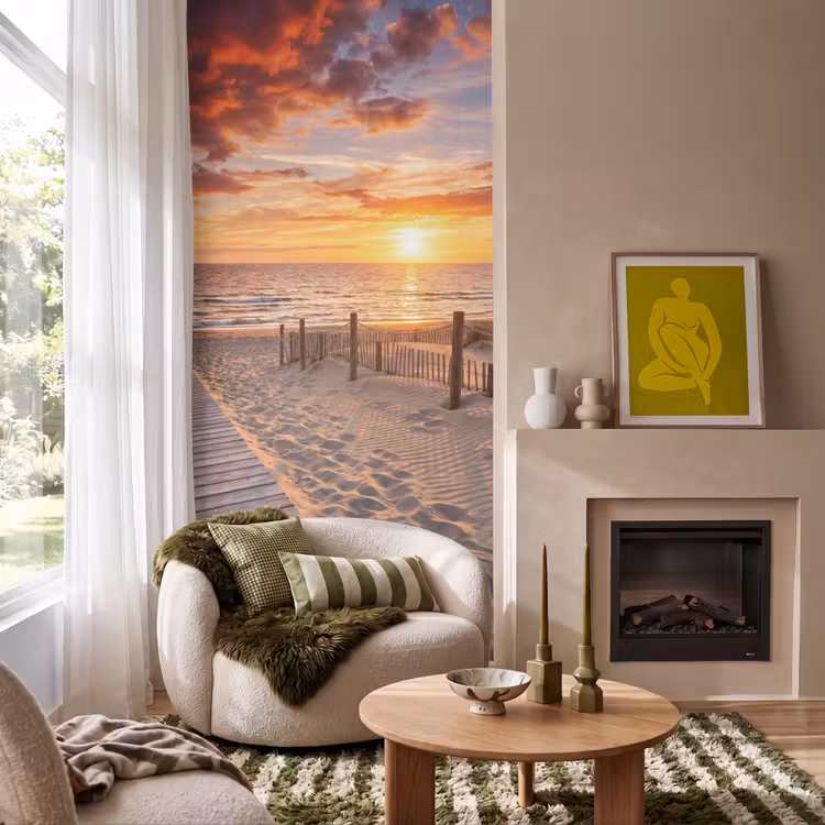 Strand - Zonsondergang - Zee - Natuur - Oranje Behang Vlies klein -sfeer2