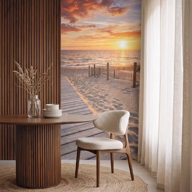 Strand - Zonsondergang - Zee - Natuur - Oranje Behang Vlies klein -sfeer1