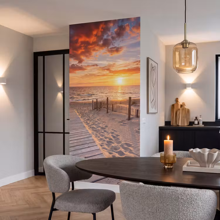 Strand - Zonsondergang - Zee - Natuur - Oranje Behang Vlies klein -sfeer3