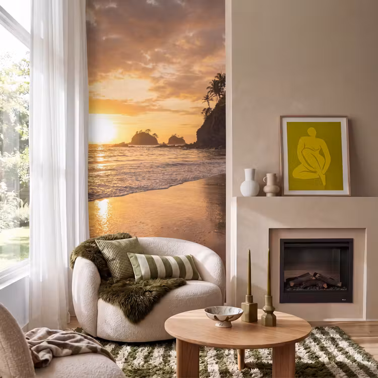 Strand - Zonsondergang - Natuur - Tropisch - Oranje Behang Vlies klein -sfeer2