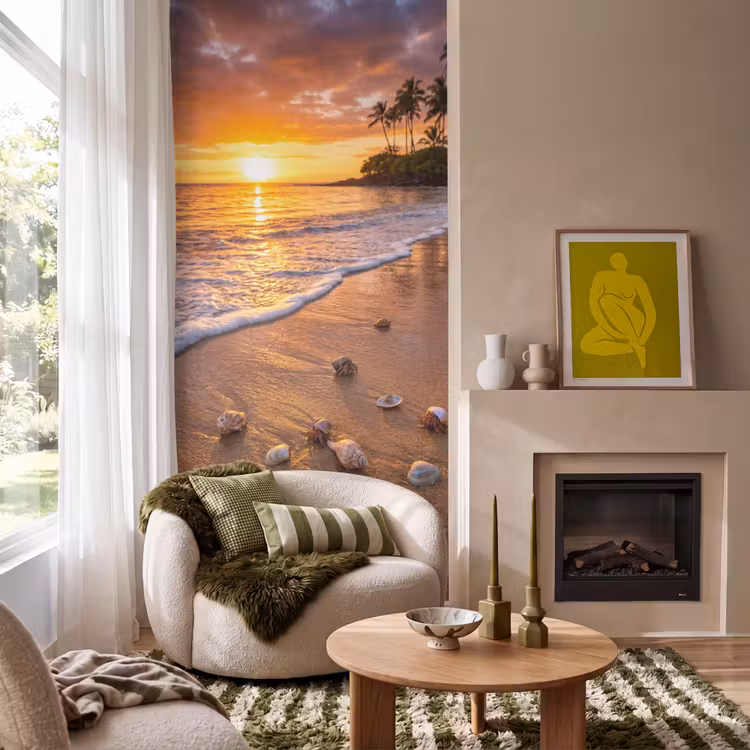 Strand - Zonsondergang - Palmbomen - Natuur - Oranje Behang Vlies klein -sfeer2