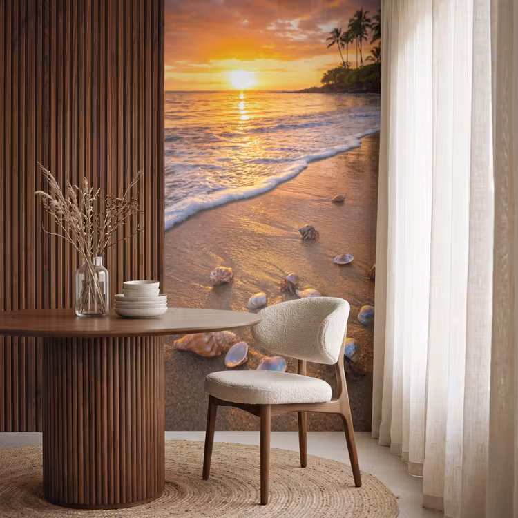 Strand - Zonsondergang - Palmbomen - Natuur - Oranje Behang Vlies klein -sfeer1