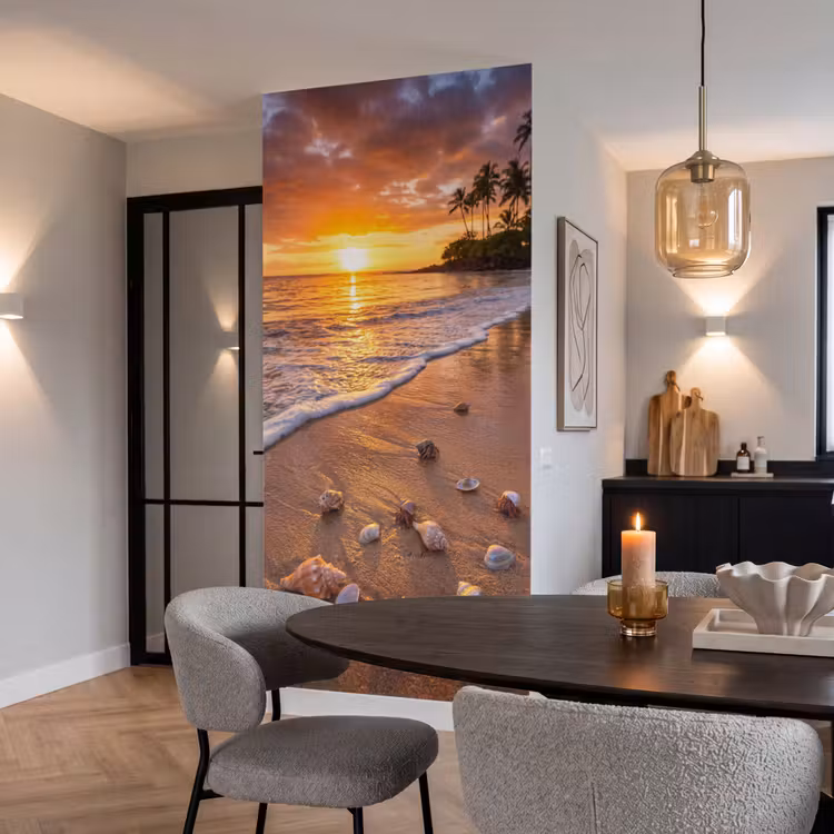 Strand - Zonsondergang - Palmbomen - Natuur - Oranje Behang Vlies klein -sfeer3
