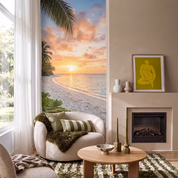 Strand - Zonsondergang - Palmbomen - Tropisch - Natuur Behang Vlies klein -sfeer2
