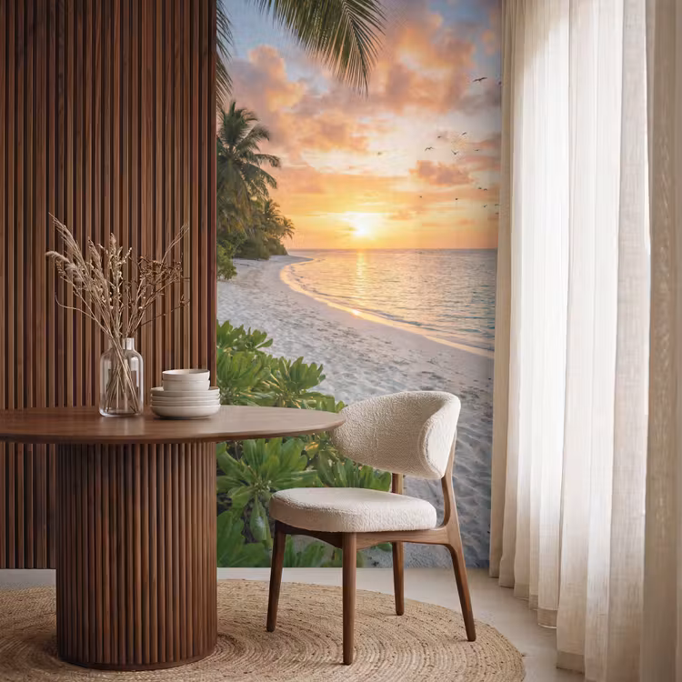 Strand - Zonsondergang - Palmbomen - Tropisch - Natuur Behang Vlies klein -sfeer1