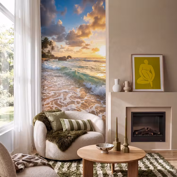 Strand - Zonsondergang - Golven - Natuur - Goud Behang Vlies klein -sfeer2