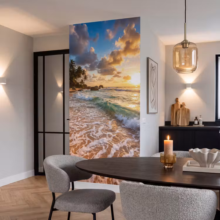 Strand - Zonsondergang - Golven - Natuur - Goud Behang Vlies klein -sfeer3