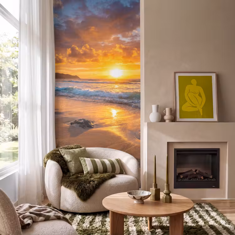 Strand - Zonsondergang - Golven - Natuur - Oranje Behang Vlies klein -sfeer2