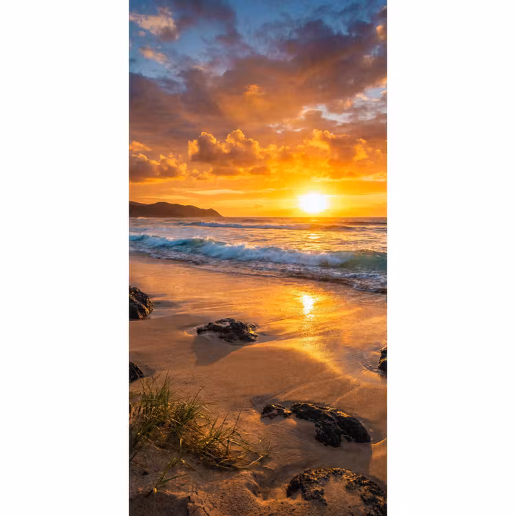 Strand - Zonsondergang - Golven - Natuur - Oranje Behang Vlies klein -3d_website