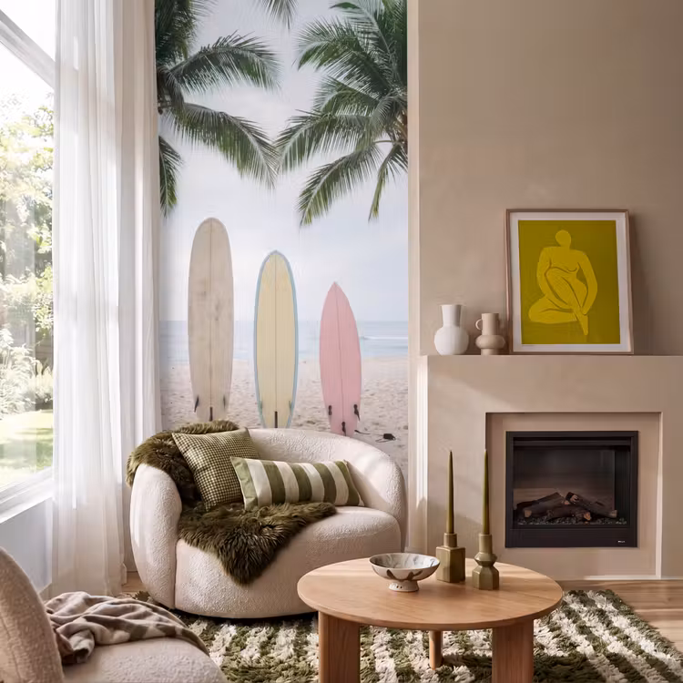 Surfboard - Palmbomen - Kleurrijk Behang Vlies klein -sfeer2