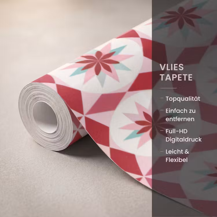 Tegelpatroon - Sterren - Retro - Roze - Mintgroen Behang Vlies klein 1076 -USP_closeupDE