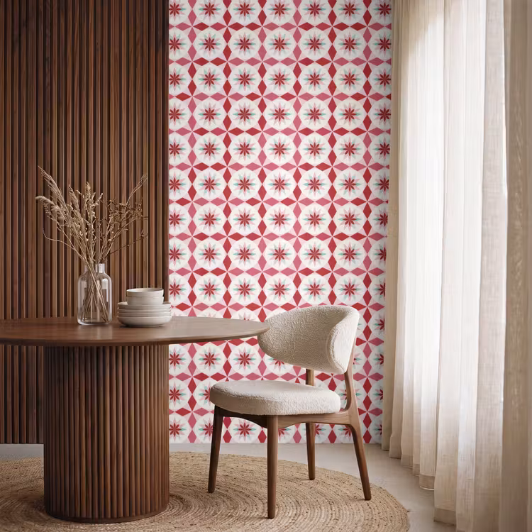 Tegelpatroon - Sterren - Retro - Roze - Mintgroen Behang Vlies klein 1076 -sfeer1