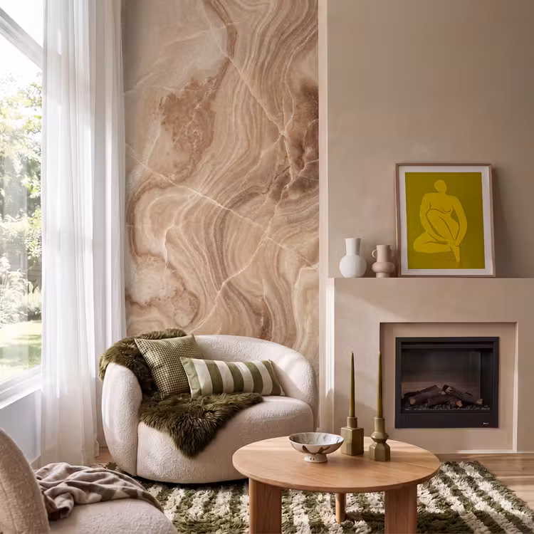 Textuur - Golvend - Abstract - Warm - Bruin Behang Vlies klein -sfeer2