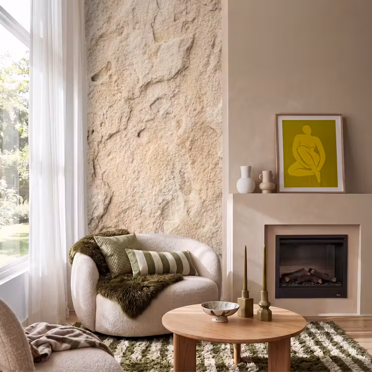 Textuur - Steen - Natuur - Beige Behang Vlies klein -sfeer2