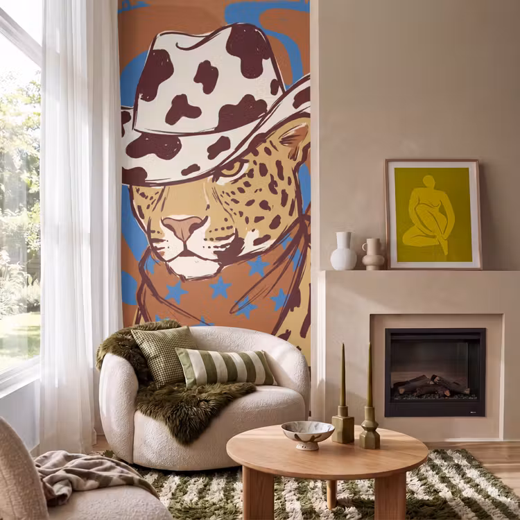 Dieren - Cowboyhoed - Modern - Illustratie - Bruin Behang Vlies klein -sfeer2