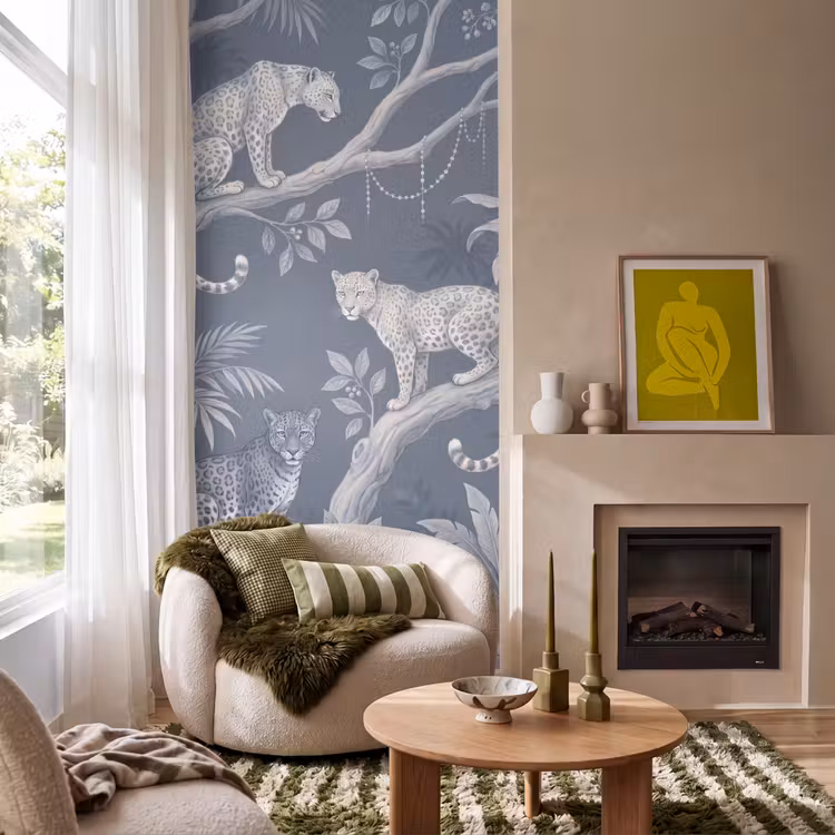 Dieren - Jungle - Illustratie - Bomen - Blauw Behang Vlies klein -sfeer2