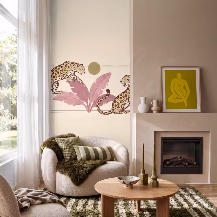 Dieren - Kat - Jungle - Illustratie - Beige Behang Vlies klein -sfeer2