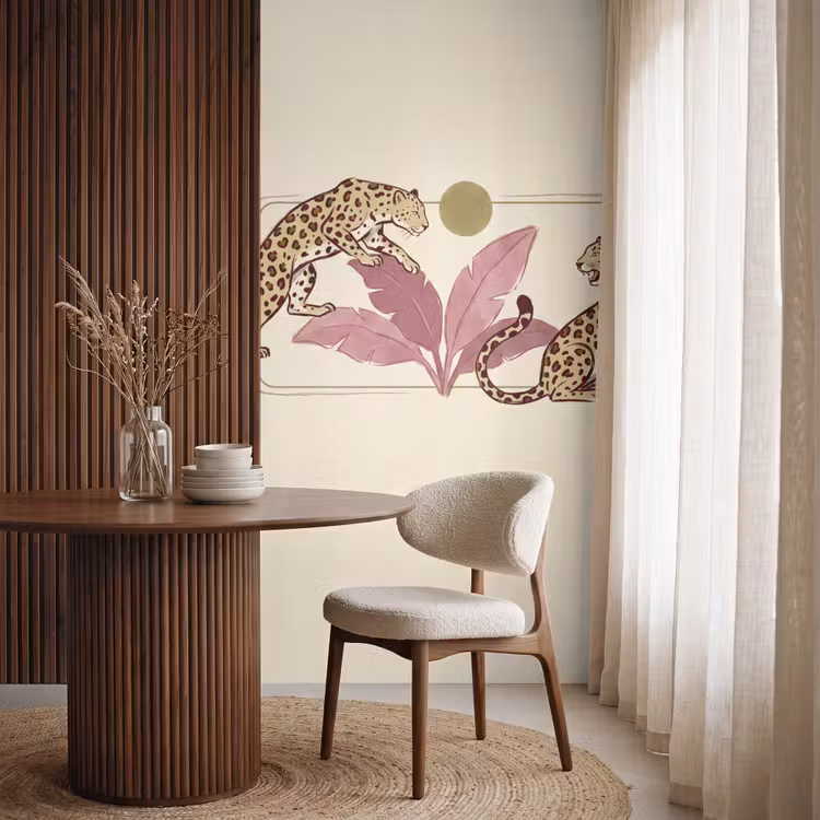 Dieren - Kat - Jungle - Illustratie - Beige Behang Vlies klein -sfeer1