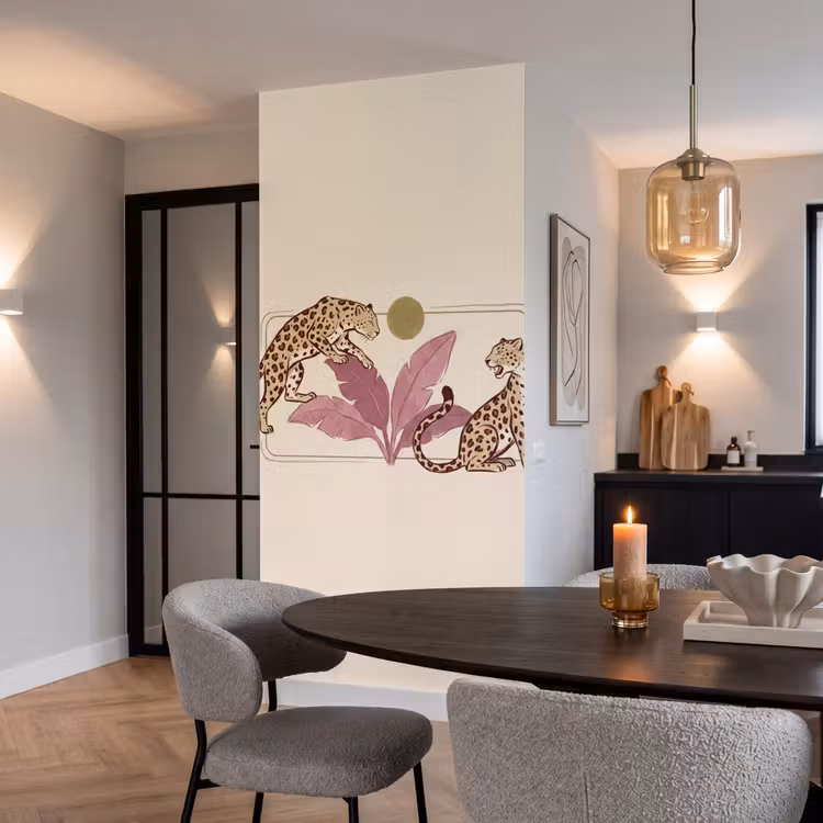 Dieren - Kat - Jungle - Illustratie - Beige Behang Vlies klein -sfeer3