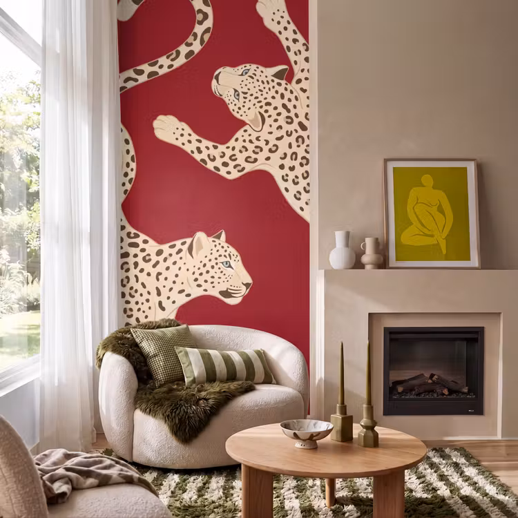 Dieren - Luipaard - Abstract - Rood - Modern Behang Vlies klein -sfeer2