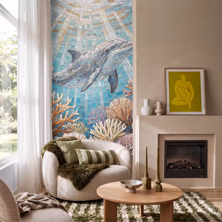 Dieren - Mozaïek - Oceaan - Koraal - Blauw Behang Vlies klein -sfeer2