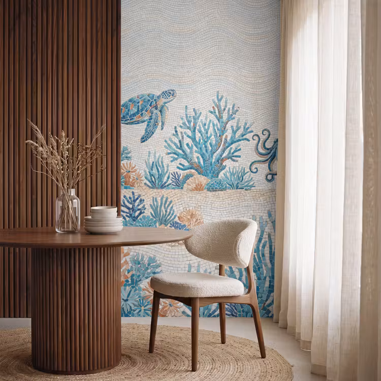 Dieren - Onderwater - Natuur - Mozaïek - Blauw Behang Vlies klein -sfeer1