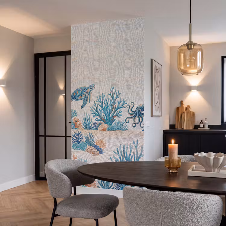 Dieren - Onderwater - Natuur - Mozaïek - Blauw Behang Vlies klein -sfeer3