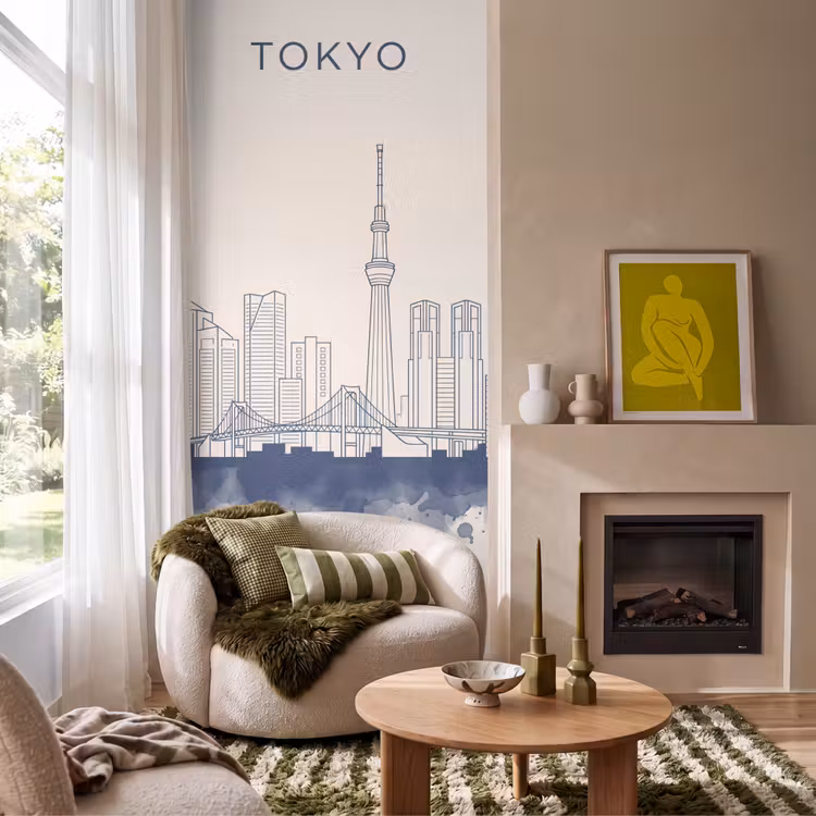 Tokyo - Skyline - Stad - Abstract - Blauw Behang Vlies klein -sfeer2