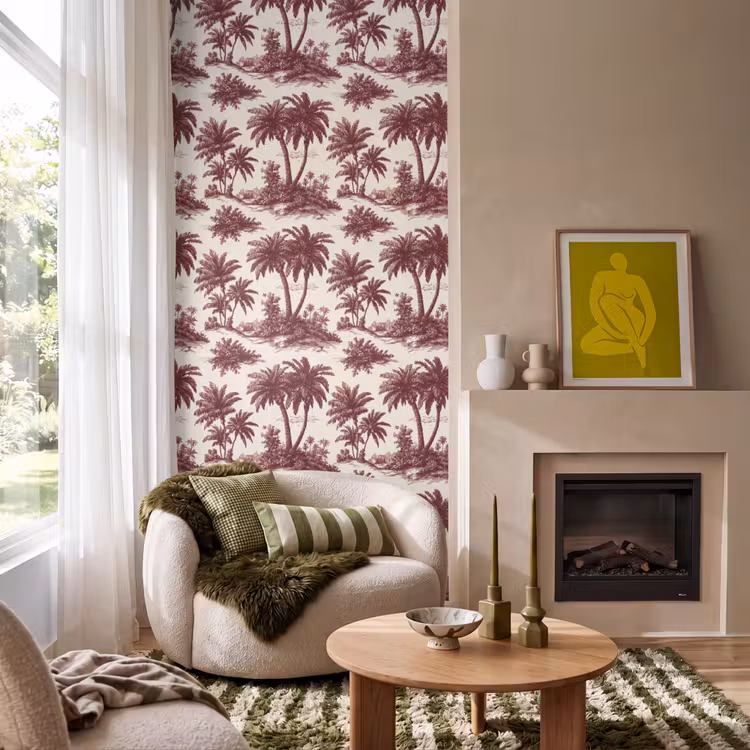 Tropisch - Geometrisch - Bordeauxrood Behang Vlies klein 1076 -sfeer2