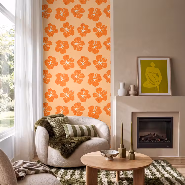Tropisch - Hibiscus - Oranje Behang Vlies klein 1076 -sfeer2