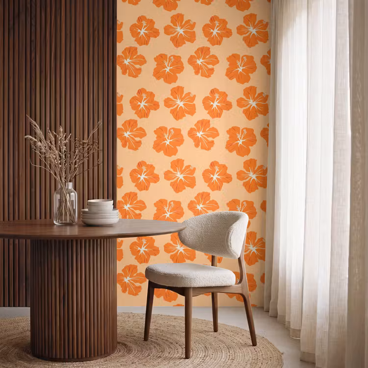 Tropisch - Hibiscus - Oranje Behang Vlies klein 1076 -sfeer1