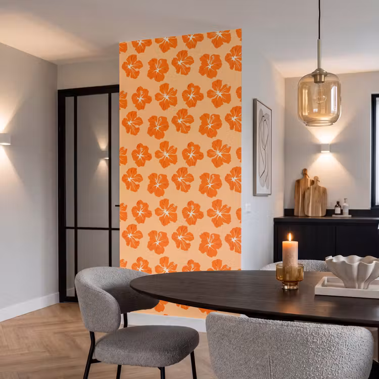 Tropisch - Hibiscus - Oranje Behang Vlies klein 1076 -sfeer3