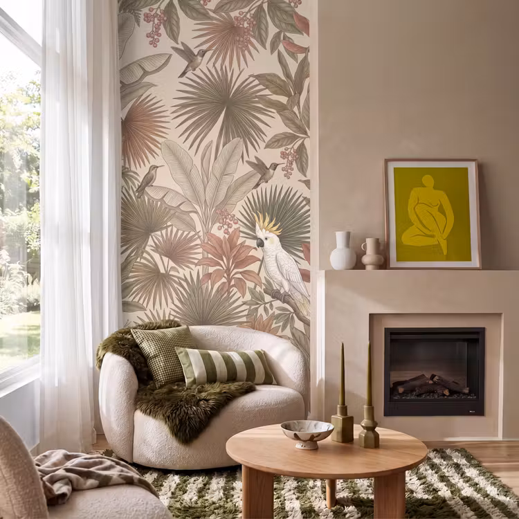 Tropisch - Vogels - Beige Behang Vlies klein -sfeer2
