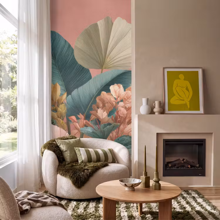 Tropische bladeren - Bloemen - Roze - groen Behang Vlies klein -sfeer2