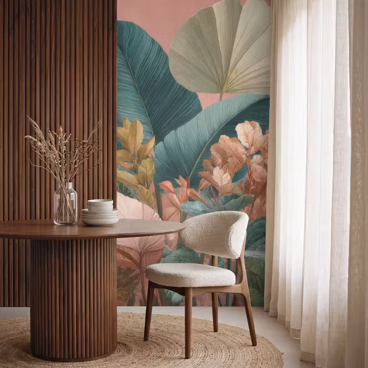 Tropische bladeren - Bloemen - Roze - groen Behang Vlies klein -sfeer1