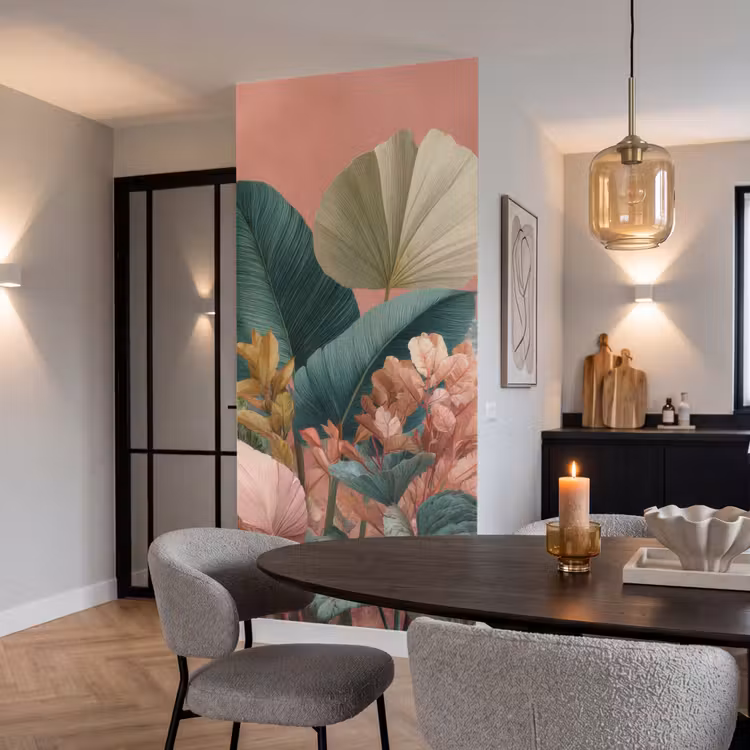 Tropische bladeren - Bloemen - Roze - groen Behang Vlies klein -sfeer3