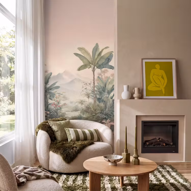 Tropisch landschap - palmbomen - Bloemen - Roze lucht Behang Vlies klein -sfeer2