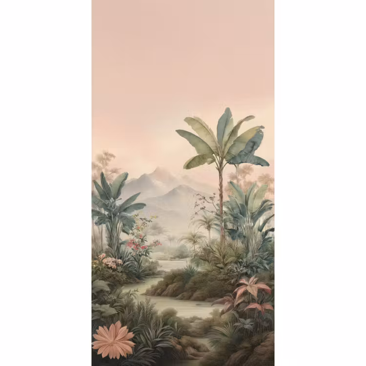 Tropisch landschap - palmbomen - Bloemen - Roze lucht Behang Vlies klein -3d_website