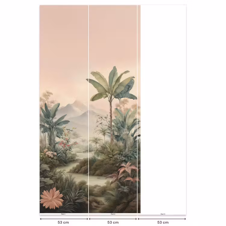 Tropisch landschap - palmbomen - Bloemen - Roze lucht Behang Vlies klein -USP_banen
