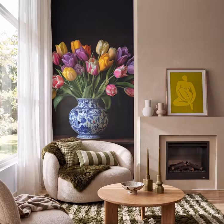 Tulpen - Kleuren - Hout - Vaas Behang Vlies klein -sfeer2